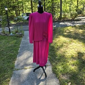 Boston Maid‎ Hot Pink Pleated Midi Dress Long Sleeve Rosette Vintage Womens 16